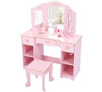 Garvee Coiffeuse Enfant pour Fille 4-9 Ans, Ensemble Table de Maquillage en Bois avec Tabouret & Miroir, 3 Tiroirs + 4 Étagères de Rangement, Certifié ASTM CPSIA, Peinture Non Toxicologique