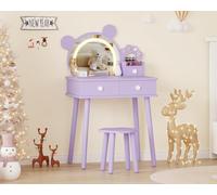 Garvee Coiffeuse pour Enfant avec Miroir Ours Lumineux - Tabouret Inclus - Tiroirs De Rangement - Ensemble Coiffeuse en Bois pour Chambre De Princesse