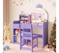 Garvee Coiffeuse pour Enfants avec Miroir Lumineux, Ensemble Table Et Chaise pour Enfants, 2 en 1 Bureau Enfant avec Etagères De Rangement pour Filles