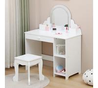 Garvee Coiffeuse pour Enfants avec Miroir Lumineux Et Tabouret, Bureau pour Enfants avec Etagères De Rangement Ouvertes, Coiffeuse De Princesse en Bois pour Filles