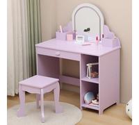 Garvee Coiffeuse pour Enfants avec Miroir Lumineux Et Tabouret, Bureau pour Enfants avec Etagères De Rangement Ouvertes, Coiffeuse De Princesse en Bois pour Filles
