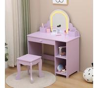 Garvee Coiffeuse pour Enfants avec Miroir Lumineux Et Tabouret, Bureau pour Enfants avec Etagères De Rangement Ouvertes, Coiffeuse De Princesse en Bois pour Filles