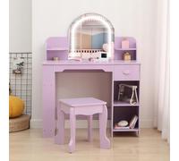Garvee Coiffeuse pour Enfants avec Tabouret et Miroir LED, Coiffeuse Fille en Bois avec Tiroirs, Étagère, Table de Maquillage pour Jeux d'imitation Enfants 3+ Ans (Violet avec accessoir)
