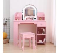 Garvee Coiffeuse pour Enfants avec Tabouret et Miroir LED, Coiffeuse Fille en Bois avec Tiroirs, Étagère, Table de Maquillage pour Jeux d'imitation Enfants 3+ Ans (Rose avec accessoir)