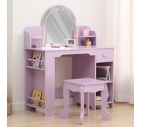 Garvee Coiffeuse pour Enfants avec Tabouret et Miroir LED, Coiffeuse Fille en Bois avec Tiroirs, Étagère, Table de Maquillage pour Jeux d'imitation Enfants 3+ Ans