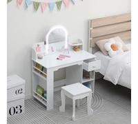 Garvee Coiffeuse pour Enfants avec Tabouret Et Miroir LED, Coiffeuse Fille en Bois avec Tiroirs, Étagère, Table De Maquillage pour Jeux d'Imitation Enfants 3+ Ans