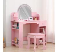 Garvee Coiffeuse pour Enfants avec Tabouret et Miroir LED, Coiffeuse Fille en Bois avec Tiroirs, Étagère, Table de Maquillage pour Jeux d'imitation Enfants 3+ Ans