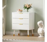 Garvee Commode 3 Tiroirs Moderne en Bois Cannelée avec Poignées Dorées | Pieds Fins Meuble De Rangement 3 Grands Tiroirs, Plateau Large 72,4X59,9X39,1Cm Pour Chambre, Séjour,Entrée Et Studio,Bureau