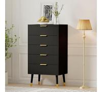 Garvee Commode 5 Tiroirs Moderne pour Chambre, Meuble de Rangement en Bois Noir avec Poignées Dorées et Pieds Métalliques - Armoire de Chambre Élégante