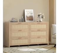 Garvee Commode 6 Tiroirs en Bois 144 cm, Meuble De Rangement Moderne avec Façades Effet Rotin, Grande Capacité De Stockage, Buffet Bas pour Chambre, Salon, Entrée Ou Bureau
