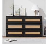 Garvee Commode 6 Tiroirs en Bois avec Prise Électrique Intégrée Et Bande LED - Meuble De Rangement à Panneaux en Rotin pour Salon, Chambre, Couloir - Buffet TV Ou Table De Chevet - 120 cm, Noir