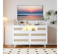 Garvee Commode 6 Tiroirs en Bois avec Prise Électrique Intégrée Et Bande LED - Meuble De Rangement à Panneaux en Rotin pour Salon, Chambre, Couloir - Buffet TV Ou Table De Chevet - 120 cm, Blanc