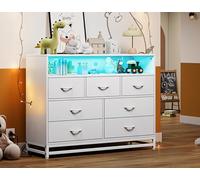 Garvee Commode 7 Tiroirs avec Station De Charge & LED - Meuble De Rangement 120 cm, Grandeur Moderne pour Chambre, Salon, Couloir - Meuble Tiroir avec Prise USB/AC, Contrôle par App, Blanc