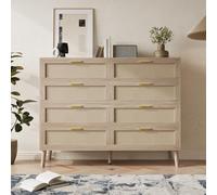Garvee Commode 8 Tiroirs en Rotin Naturel - Commode de Ferme avec Pieds Renforcés et Poignées Dorées pour Chambre, Salon, Entrée (Chêne)
