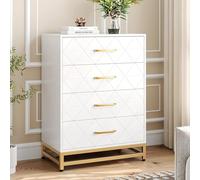 Garvee Commode à 4 Tiroirs pour Chambre, Commodes Modernes avec Tiroirs Larges et Poignées Métalliques, Commodes en Bois 61x40x93 cm (Blanc)