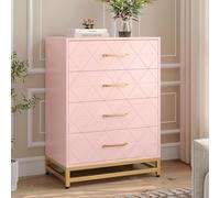 Garvee Commode à 4 Tiroirs pour Chambre, Commodes Modernes avec Tiroirs Larges et Poignées Métalliques, Commodes en Bois 61x40x93 cm (Rose)