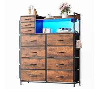 Garvee Commode avec Tiroirs en Tissu 11 Tiroirs (8+3) + 4 Pochettes Latérales, Station De Charge avec Prises Et Ports USB, Étagères Et LED Intégrées, Structure Métal Robustes Et Plateau Bois