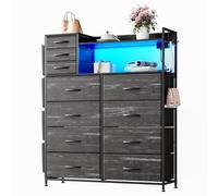 Garvee Commode avec Tiroirs en Tissu 11 Tiroirs (8+3) + 4 Pochettes Latérales, Station De Charge avec Prises Et Ports USB, Étagères Et LED Intégrées, Structure Métal Robustes Et Plateau Bois
