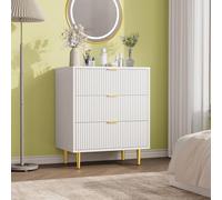 Garvee Commode de Chambre à 3 Tiroirs, Commode en Bois Moderne à Façade Cannelée, Table de Chevet avec Poignées, Pieds en Métal, pour Chambre, Salon, Entrée