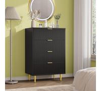 Garvee Commode de Chambre à 4 Tiroirs, Commode en Bois Moderne à Façade Cannelée, Table de Chevet 60x40x94 cm avec Poignées, Pieds en Métal, pour Chambre, Salon, Entrée