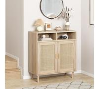 Garvee Commode en Bois Massif avec 2 Tiroirs, Meuble De Cuisine 90x80x40Cm, Commode pour Chambre, Meuble De Salle De Bain avec 2 Compartiments Ouverts Et 2 Portes en Rotin, Bois Massif, Pieds Hauts.