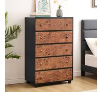Garvee Commode Haute 5 tiroirs en Bois, 117 cm - Chêne Naturel, Design Profil courbé, poignées Rondes Vintage - Rangement Robuste pour Chambre, Salon, entrée - Meuble TV - 5-Drawer Chest