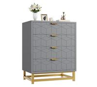 Garvee Commode Moderne à 4 Tiroirs avec Relief Géométrique, Meuble de Rangement en Bois avec Pieds et Poignées Dorées, Idéale pour Chambre, Salon ou Entrée, Gris