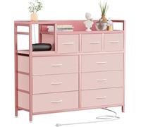 Garvee Commode TV 9 Tiroirs en Tissue avec Station De Charge Intégrée, Commode Chambre avec Étagères, Structure en Métal Et Bois, Commode Multifonctionnelle pour Salon, Chambre, Couloir