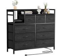 Garvee Commode TV 9 Tiroirs en Tissue avec Station De Charge Intégrée, Commode Chambre avec Étagères, Structure en Métal Et Bois, Commode Multifonctionnelle pour Salon, Chambre, Couloir