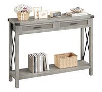 Garvee Console d'Entrée Style Ferme avec Tiroirs en Rotin, Grise, en Bois Massif, Idéale pour Le Salon, Le Couloir Ou Le Hall d'Entrée. Table d'Appoint De 109 Cm avec Rangement.