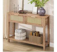 Garvee Console en Rotin avec 2 Tiroirs et Étagère Rangement, Design Tressé Style Ferme pour Salon Entrée ou Chambre, Brun