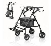 Garvee Déambulateur rollator 2-en-1 pliable et léger pour adultes/seniors - Siège ergonomique, repose-pieds, roues 15 cm, hauteur ajustable, capacité 136 kg, rangement sous-siège, aide mobilité - Noir
