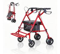Garvee Déambulateur rollator 2-en-1 pliable pour adultes/seniors - Fauteuil roulant de transport, siège confortable, repose-pieds, roues 15 cm, hauteur réglable, 135 kg, rangement sous-siège - Rougeur