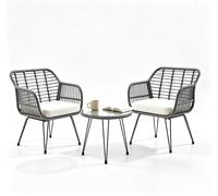 Garvee Ensemble Bistro Rotin 3 Pcs Extérieur, 2 Chaises Coussinés et Table | Table Verre Sécurit, Chaises avec Coussins Hydrofuges, Résistant UV Parfait pour Balcon, Terrasse et Jardin