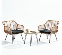 Garvee Ensemble Bistro Rotin 3 Pcs Extérieur, 2 Chaises Coussinés et Table | Table Verre Sécurit, Chaises avec Coussins Hydrofuges, Résistant UV Parfait pour Balcon, Terrasse et Jardin