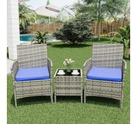 Garvee Ensemble Bistrot 3 Pièces en Rotin PE pour Extérieur, 2 Chaises Ergonomiques avec Coussins Et Table Basse Verre Trempé, Idéal pour Patio, Balcon, Terrasse