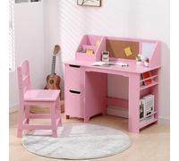 Garvee Ensemble Bureau et Chaise pour Enfants, Bibliothèque, Table et Chaise en Bois avec Étagère de Rangement, Table d'étude pour Chambre Enfant de 3 à 8 Ans