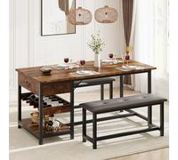 Garvee Ensemble de Salle à Manger Gain de Place pour 4 Personnes, Table à Manger Industriel avec 2 Bancs Rembourrés, Bois, Tiroir et Rangement à Vin, Idéal pour Salle À Manger, Marron