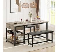 Garvee Ensemble de Salle à Manger Gain de Place pour 4 Personnes, Table à Manger Industriel avec 2 Bancs Rembourrés, Bois, Tiroir et Rangement à Vin, Idéal pour Salle À Manger, Gris