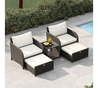 Garvee Ensemble Salon de Jardin 5 pièces en rotin PE - Chaises avec Repose-Pieds, Table Basse Verre trempé - Coussins épais, mobilier résistant - pour terrasse, Balcon, Jardin, Beige