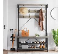 Garvee Étagère de Rangement pour Chaussures, Meuble d’Entrée avec Banc, Porte-Manteaux avec 8 Crochets et Étagère, 102 x 40 x 183cm, Vestiaire, pour Couloir, Chambre, Style Industriel, Gris