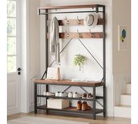 Garvee Étagère de Rangement pour Chaussures, Meuble d’Entrée avec Banc, Porte-Manteaux avec 8 Crochets et Étagère, 102 x 40 x 183cm, Vestiaire, pour Couloir, Chambre, Style Industriel, Marron