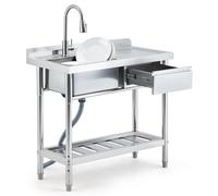 Garvee Évier de cuisine commercial en acier inoxydable avec robinet amovible, 39 pouces avec établi et tiroir de rangement pour buanderie, ferme et utilisation en extérieur