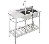 Garvee Évier Industriel Double Bac en Acier Inoxydable 39"x18"x40" avec Robinet Extensible - Idéal pour Cuisine Professionnelle, Restaurant, Garage