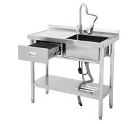 Garvee Évier professionnel inox sur pied 39"x14"x33" - cuve distinctif, tiroir à gauche, plan robuste, étagère, robinet eau chaude/froide - Pour restaurant, cuisine, buanderie, garage - Argenté,