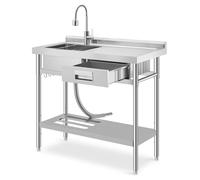 Garvee Évier utilitaire commercial autonome avec robinet, établi droit, tiroir et étagère de rangement, évier de préparation réglable en acier inoxydable pour cuisine, garage, restaurant et station de
