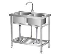 Garvee Évier utilitaire double en acier inoxydable sur pied - Robinet mitigeur col de cygne 360° - Étagère de rangement - Pour cuisine, buanderie, garage, intérieur/extraérieur - Argenté, 33*18*30inch