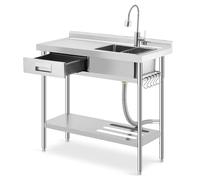 Garvee Évier utilitaire en acier inoxydable de 99,1 cm avec établi gauche et tiroir, évier commercial autoportant avec robinet, porte-couteaux, étagère de rangement et pieds réglables pour cuisine