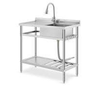 Garvee Évier utilitaire professionnel en acier inoxydable - 39x20x39 pouces, plan de travail, étagère, pieds réglables, robinet eau chaude/froide, porte-couteaux - Idéal cuisine, buanderie, garage