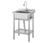 Garvee Évier utilitaire sur pied en acier inoxydable 304 - Cuve singulier, robinet mitigeur orientable, étagère et crochets S - Hauteur réglable, tuyaux eau chaude/froide - Pour cuisine, buanderie